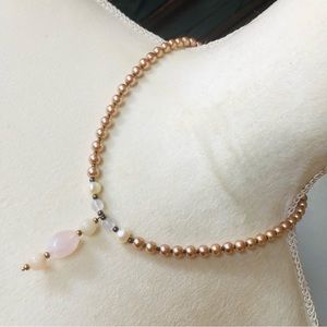 Handcrafted repurpose genuine quartz stone pendant Czech glass Pearl necklace